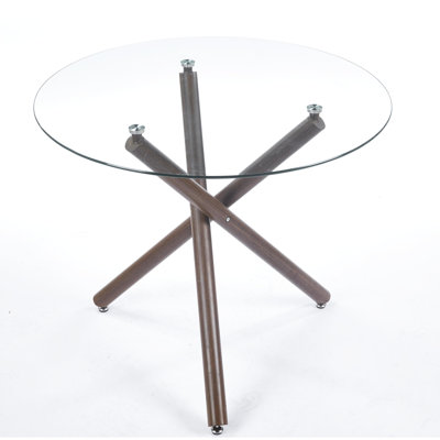 Table de salle à manger moderne avec éléments en verre trempé et en métal de couleur noyer