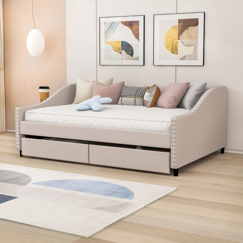 Thorndale Full Size 2 Drawers Upholstered Daybed, Beige 