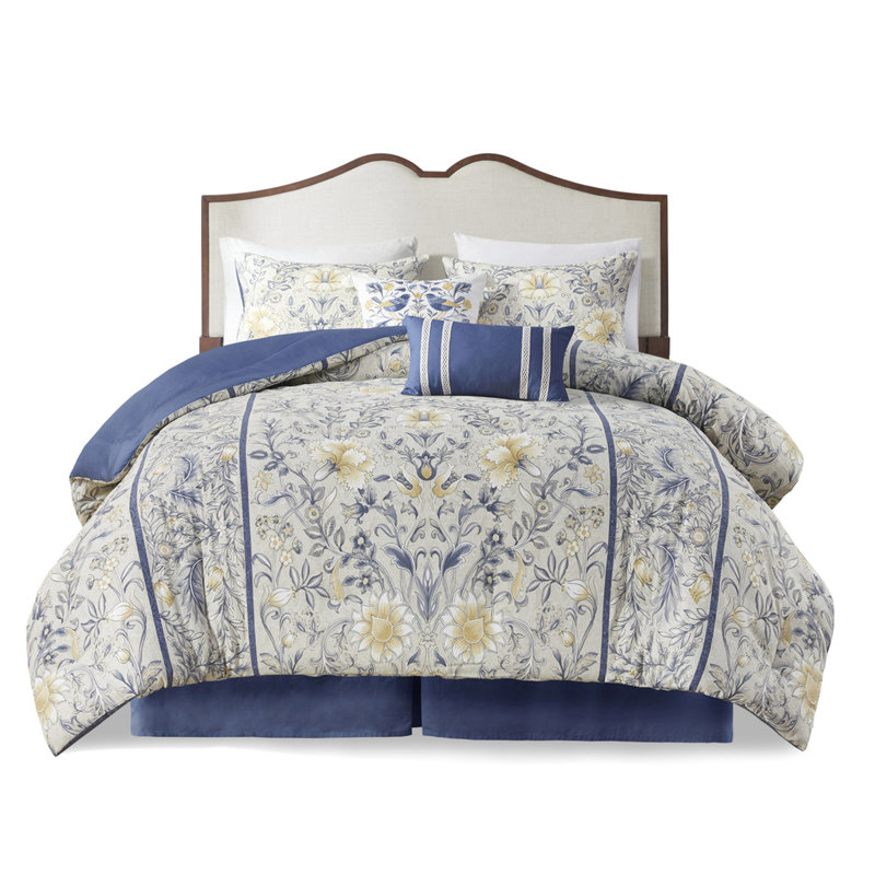 Édredon 6 pièces en coton - imprimé botanique en bleu et jaune, Édredon double et 5 pièces supplémentaires
