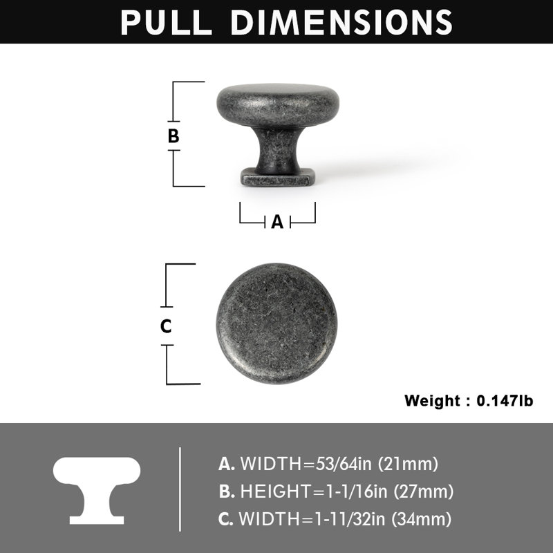 Poignée champignon de 53/64 po de diamètre, Nickel patiné