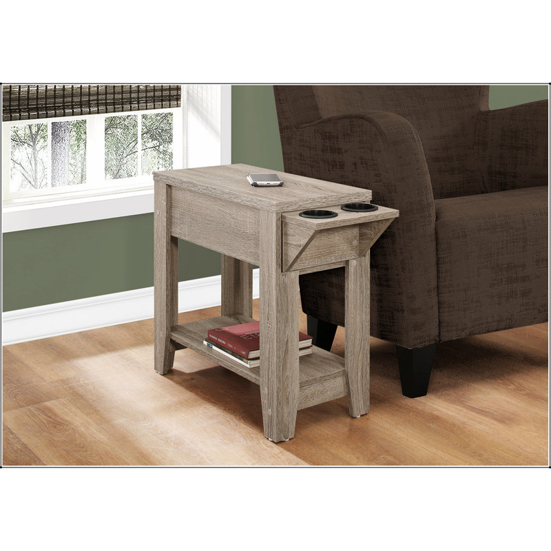 Table d'appoint compacte taupe foncé avec rangement caché et porte-gobelet double, pour le salon et la chambre à coucher