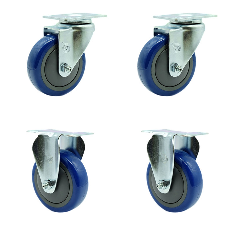 Polyurethane Wheel Swivel Top Plate Caster Set with 2 Rigid SCC_20S414-PPUB-2-R414-2, Blue