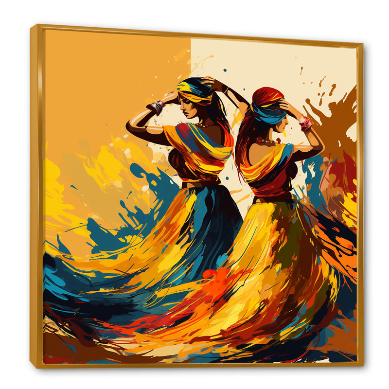 Art indien, punjabi bhangra - Art mural indien, Cadre flottant doré, H 36 po x l 36 po x P 1,5 po