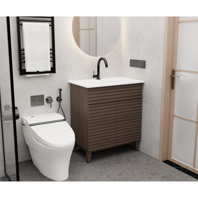Meuble-lavabo de 30 pouces de style Mid-Century avec armoire brune, lavabo en céramique blanche, rangement sous le lavabo, compartiment réglable avec motif à lattes horizontal, design moderne, fermeture en douceur