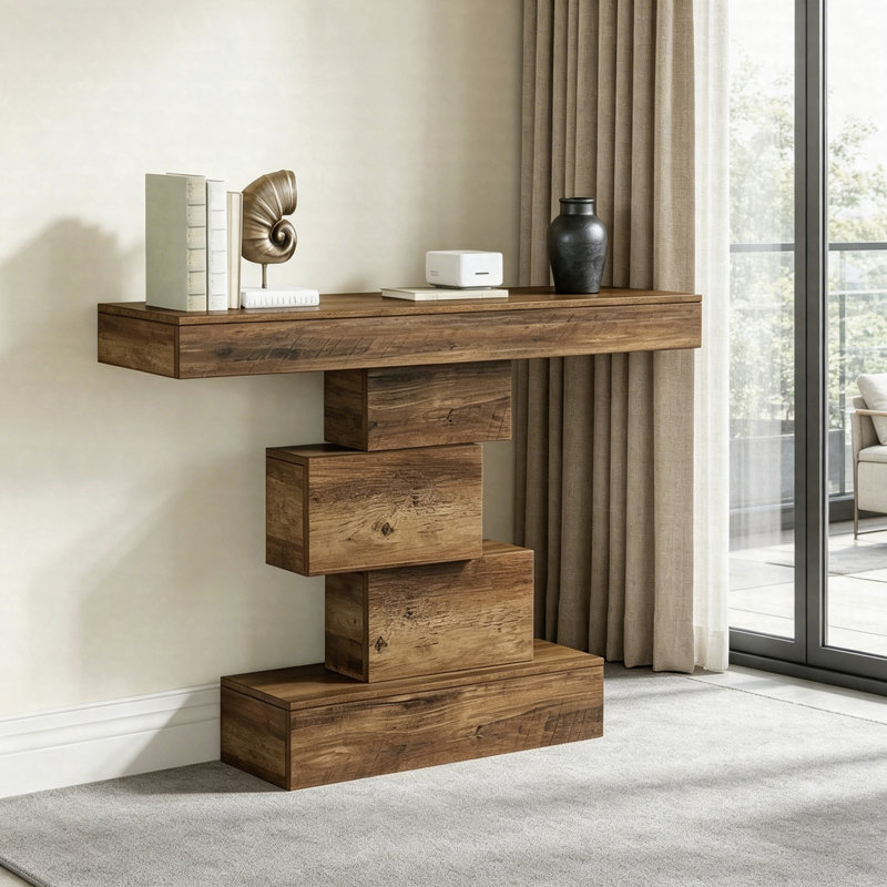 42" Console Table, Wood Sofa Table Accent Table With Geometric Base For Entryway & Living Room, Light Brown