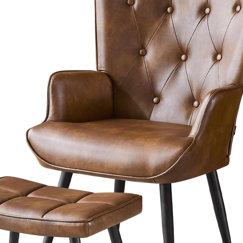 Ensemble de fauteuil à oreilles capitonné de style moderne Mid-Century avec repose-pieds, fauteuil rembourré en cuir de polyuréthane et tabouret pour le salon, la chambre à coucher