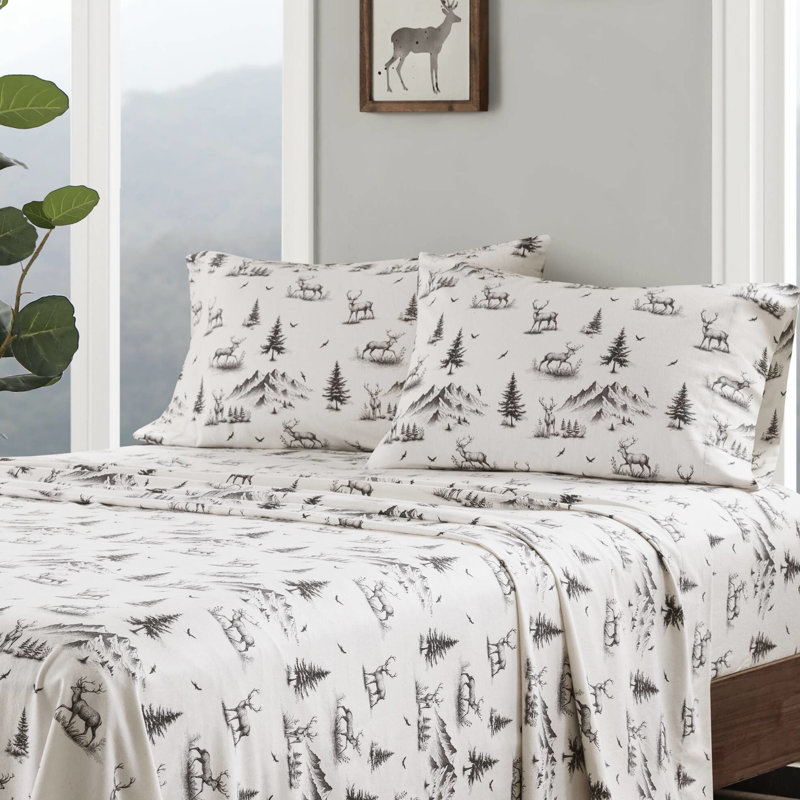 Ensemble de draps pour lit double 100% flanelle de coton gris 4 pièces profondeur 12 po 14 po