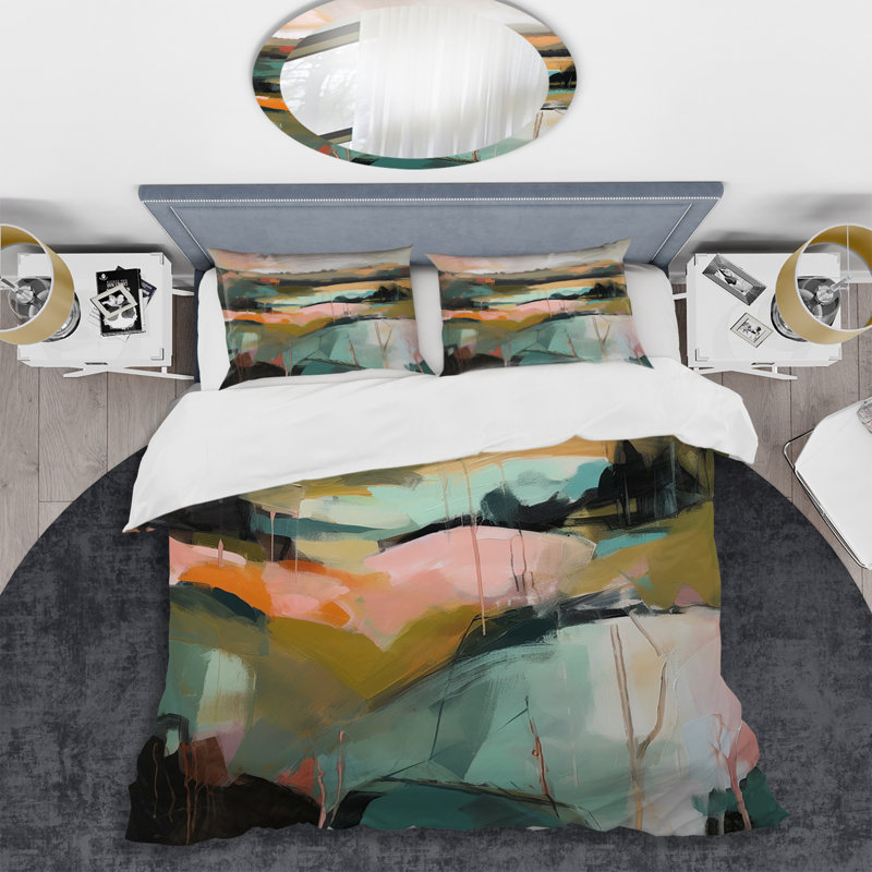 Ensemble de housse de couette en microfibre / polyester vert et rose Transcendant Reality