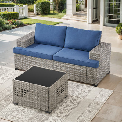 Arnoltice 66.2" Wide Outdoor Wicker Rattan Deep Seating Patio Loveseat With Cushions and Coffee Table