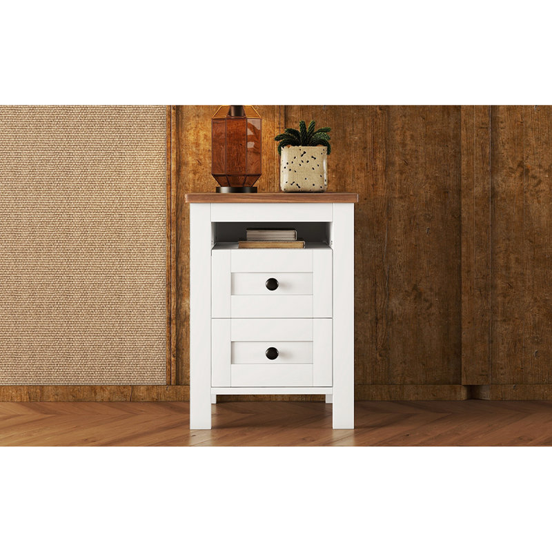 Table de chevet 2 chambres - blanc + brun, lignes épurées et rangement pratique brun avec deux tiroirs, conçu pour économiser de l'espace