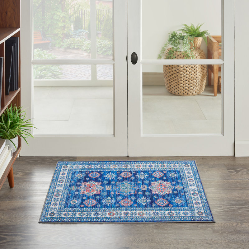 Tapis blanc / bleu / beige performance tissé à la machine / tissé à la machine Sykesville, Rectangle 2 pi x 3 pi
