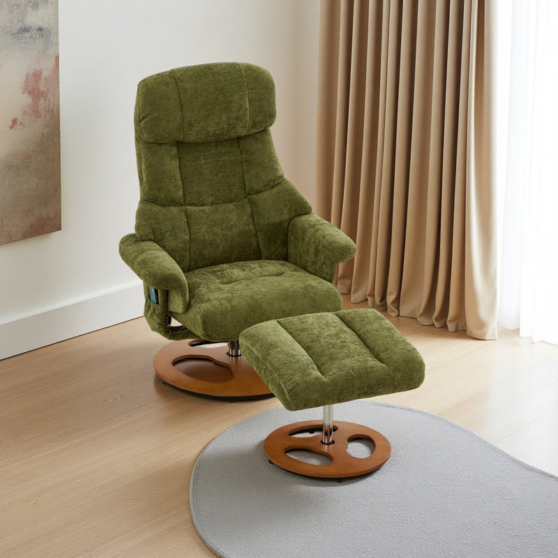 Ergonomic Recliner Chair With Ottoman, Modern 360° Swivel Lounge Chair With Footstool, Chenille Fabric, 5 Point Vibration Massage, Seat Heating & 140° Adjustable Backrest For Home Or Office