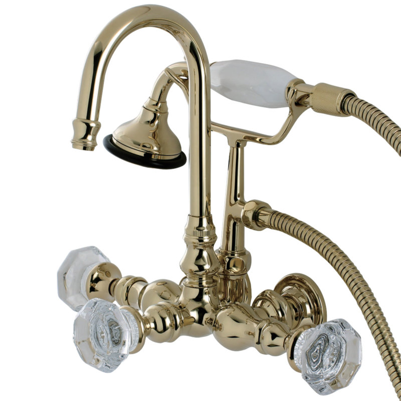 Kingston Brass Royale Three-Handle 2-Hole Tub Wall Mount Clawfoot Tub Faucet with Hand Shower, Polished Brass, Knob