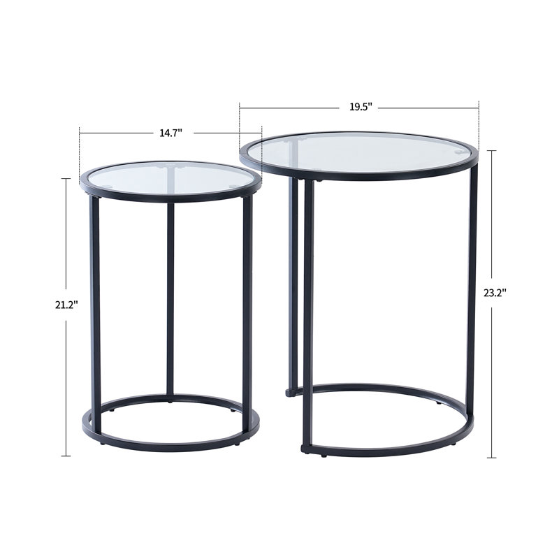 Ryett 2 End Tables with Metal Base Round Table with Tempered Glass Tabletop, Black