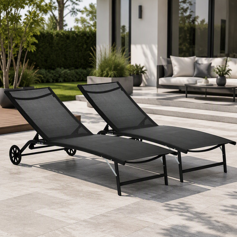 Chaise longue d'extérieur Outsunny, ensemble de 2 pièces avec roulettes et 5 positions réglables pour le patio, la plage, la cour, la piscine, noir