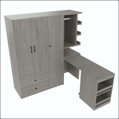 Multifunctional Wardrobe with Convertible Desk, Hanging Rod, and Drawers