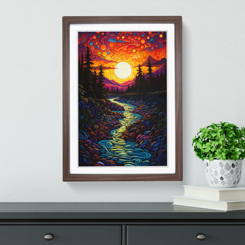 River Expressionism - Single Picture Frame Print on Wood, Walnut , 64cm H x 46cm W x 2cm D