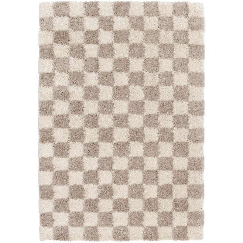 Chequered Shag Area Rug, Rectangle 200 x 290 cm, Beige