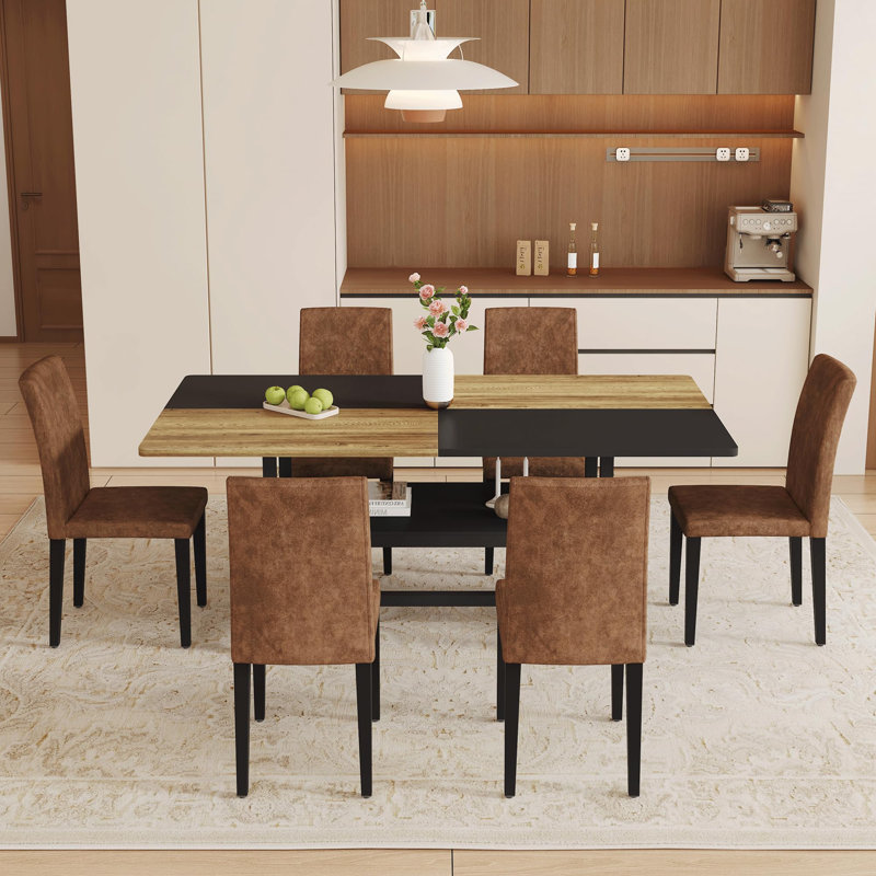 Ensemble de table de salle à manger rectangulaire pour 6 personnes, ensemble de table de salle à manger de style campagnard de 71 po avec 6 chaises rembourrées et tablette de rangement, plateau de table en bois avec structure en métal, fendu noir / bois
