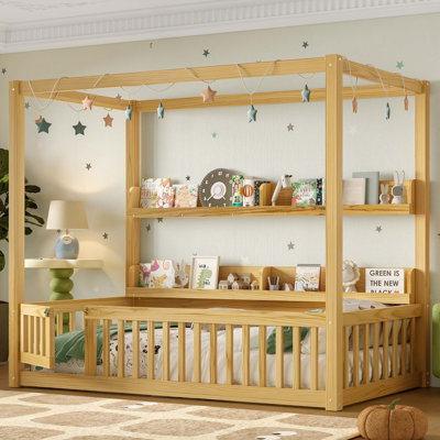 Lit à baldaquin simple avec garde-corps, lit sur pied avec tablettes, cadre de lit Montessori, pas de sommier nécessaire
