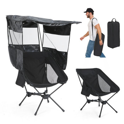 Fauteuil de camping à profil bas avec dossier haut, chaise de plage pliante avec abat-jour, sac de transport léger (noir, paquet de 1)