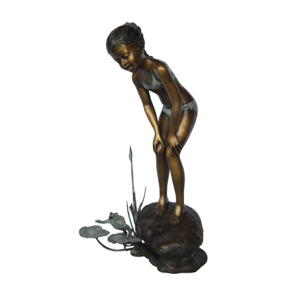 Copper and Metal Girl looking at frog jumping bronze fountain -  Size: 21"L x 15"W x 38"H.