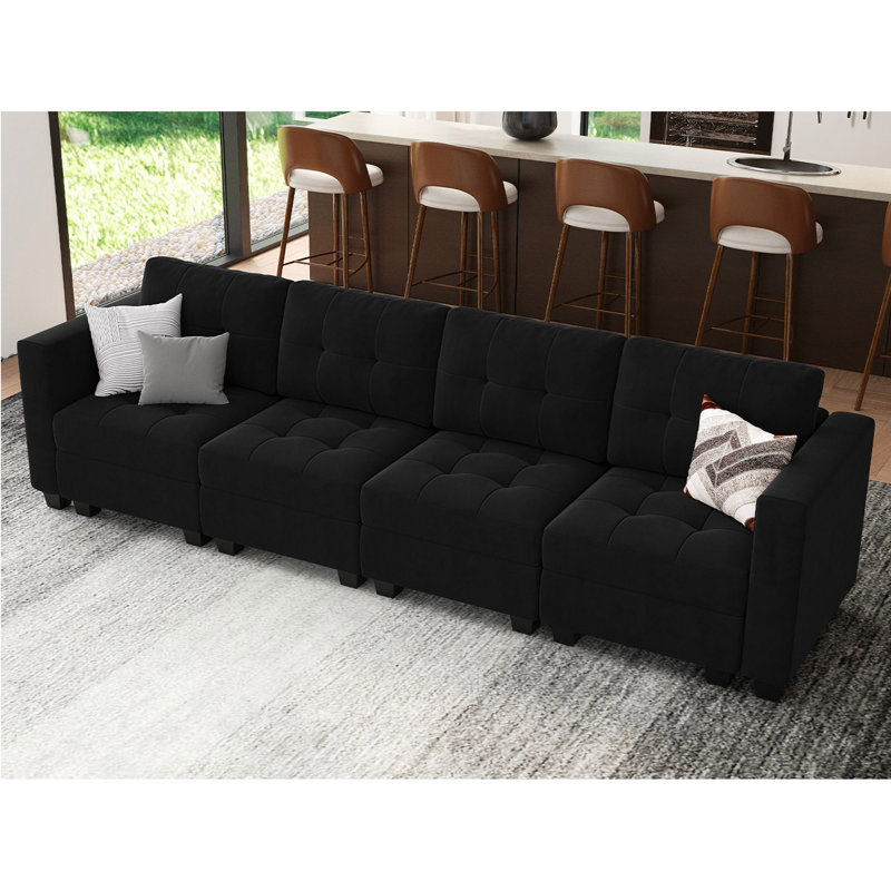 Buckleton Modern Modular Velvet 4 Seat Sofa Convertible Couch with Tufted Cushions and Storage, Black Velvet