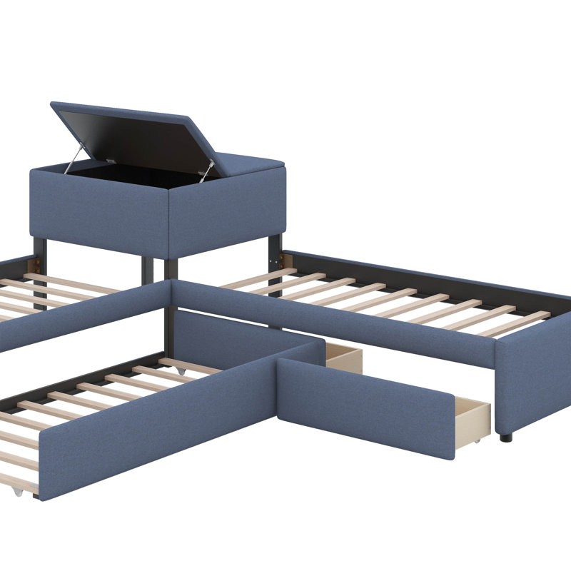 Lit plateforme simple tapissier en forme de L avec tiroirs gigognes et bureau intégré
