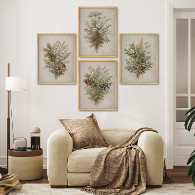 Vintage Botanical Wildflower Collection Framed Wall Art Prints Set of 4 - Rustic Herb and Berry Arrangement for Living Room Kitchen