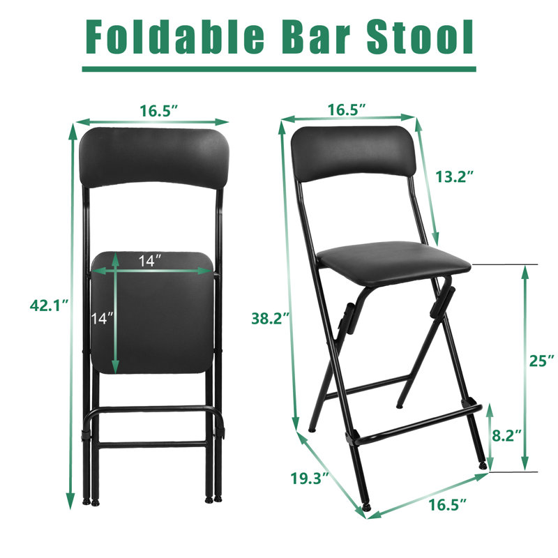 Upholstered Padded Folding Bar Stools with Footrest, Black
