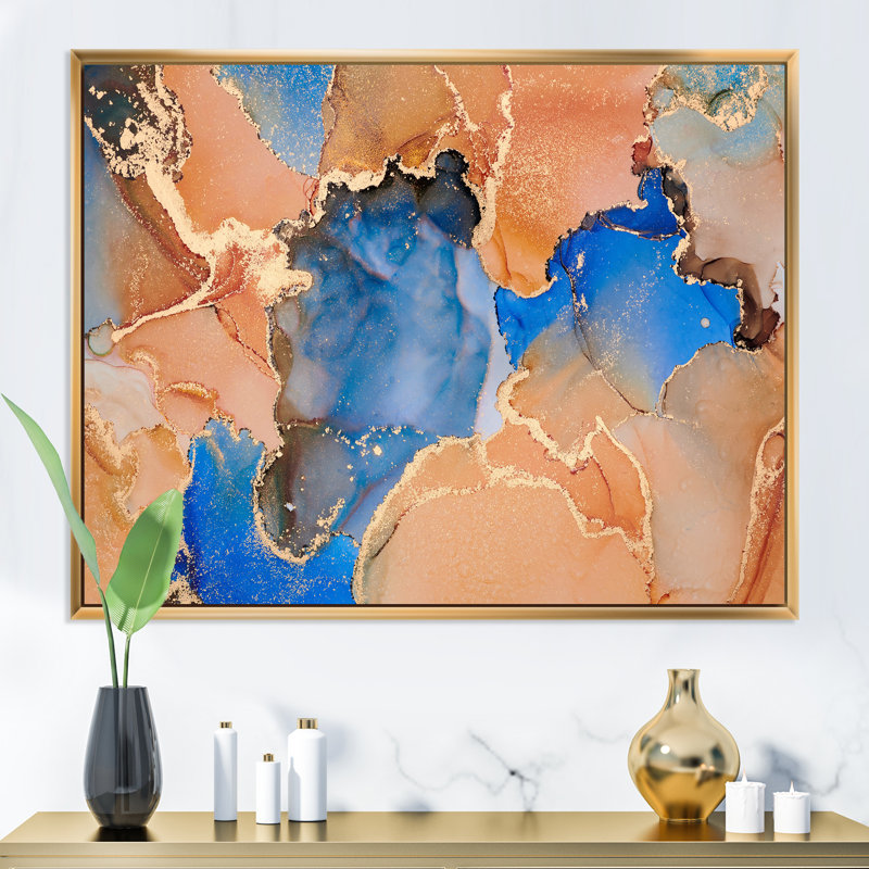 «Blue and Orange Luxury Abstract Fluid Art», peinture sur toile, Cadre flottant doré, H 34 po x l 44 po