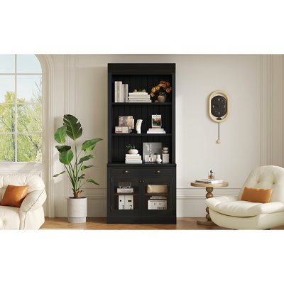 Bibliothèque moderne rectangulaire de 83,4 po de hauteur avec portes en verre et tiroir pour le décor de la chambre à coucher, poignées en métal de haute qualité et tablettes 2 1