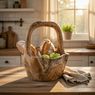 Bol en bois de teck Zack avec anse, motif veiné brun, 33 cm
