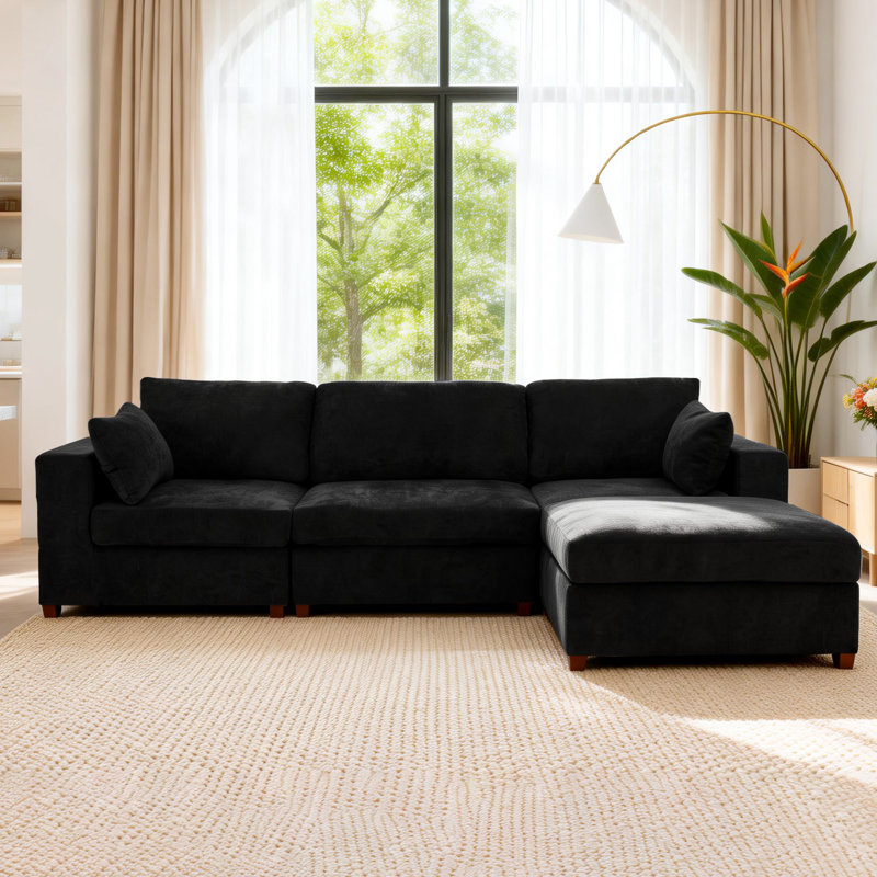 Canapé d'angle rembourré avec 1 repose-pieds, Lin noir, H 26 po x l 113,3 po x P 37,8 po