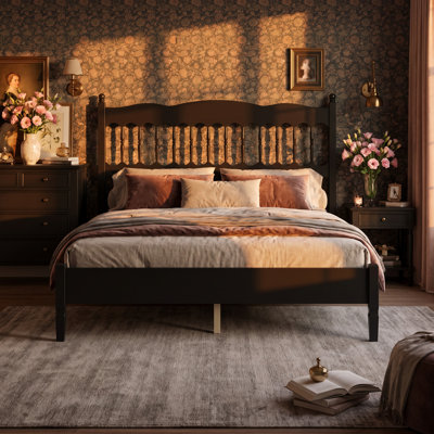 Black Queen Size Wooden Platform Bed Frame with Spindle‑Designed Headboard, Heavy‑Duty Bed with Wood Slat Support, Box Spring Not Needed, Simple Assembly