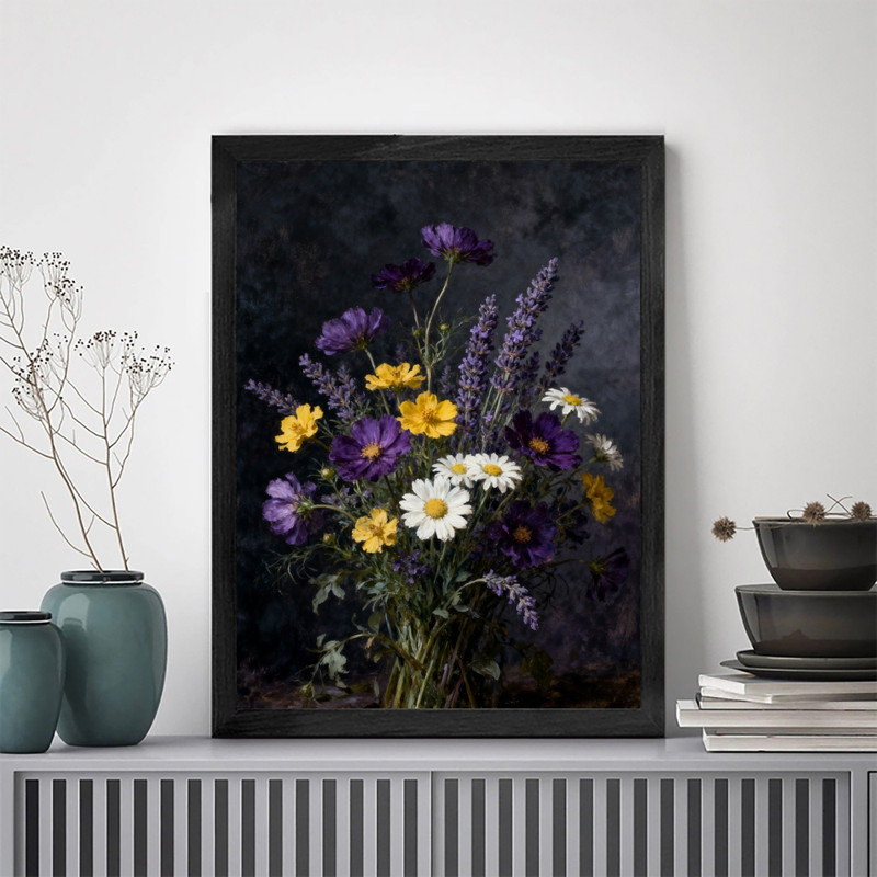 Art mural noir, nature morte et floral gothique, impression de cadre fantaisiste foncé rétro, H 11 po x l 9 po