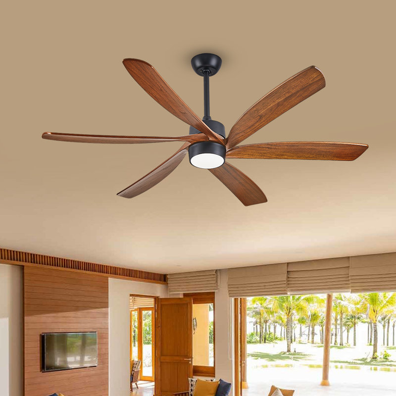 6 Blade Walnut Finish Solid Wood Ceiling Fan With Light, 62" Wide