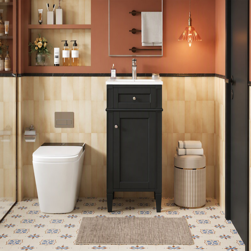 Ensemble de meuble-lavabo simple de 16 po avec lavabo en céramique, ensemble de meuble-lavabo autoportant avec porte à fermeture douce, tablette réglable, style français, pieds pleins, noir