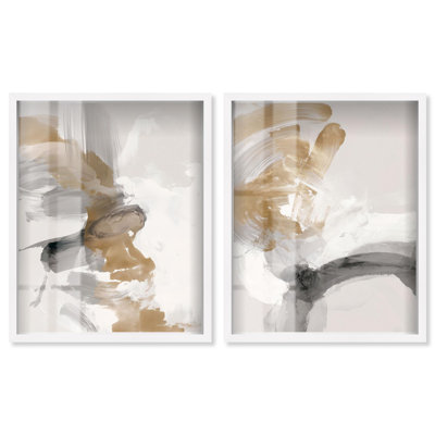 Golden Whispering Haze Shadowbox Print Boho Wall Decor Set of 2 by Art Remedy, White Frame, 31 x 37