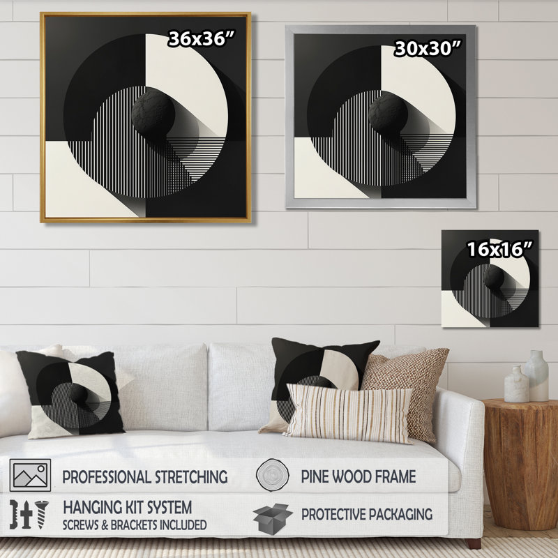 Geometric Balance Monochrome Essence - Minimalism Wall Art Decor, Toile avec cadre flottant noir, H 16 po x l 16 po x P 1 po
