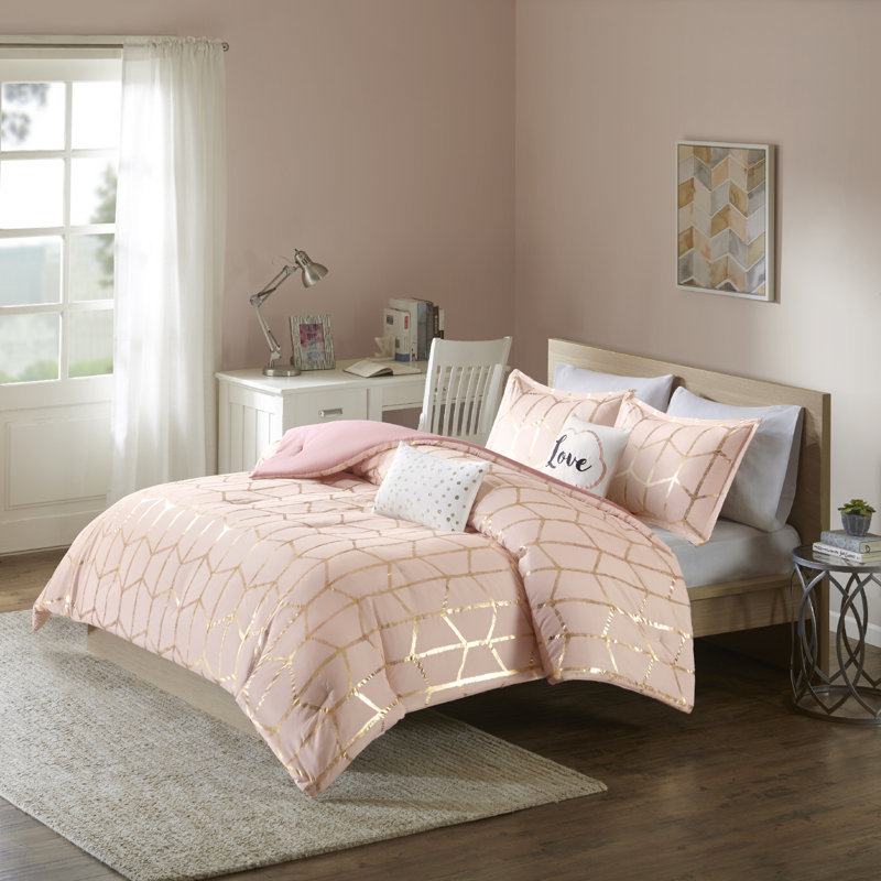 Ensemble d'édredon à imprimé métallique Raina, Édredon double / grand + 2 taies décoratives + 2, Rosé / doré