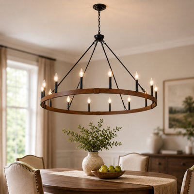 Farmhouse 16-Light Dimmable Dark Wood Grain Wagon Wheel Chandelier
