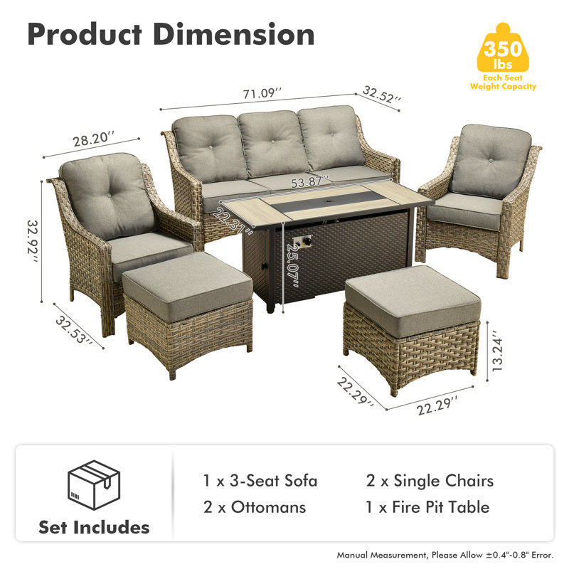 5 - Person Wicker Outdoor Conversation Set, Patio Sofa Set with Fire Pit and Cushions, Gray, Yes