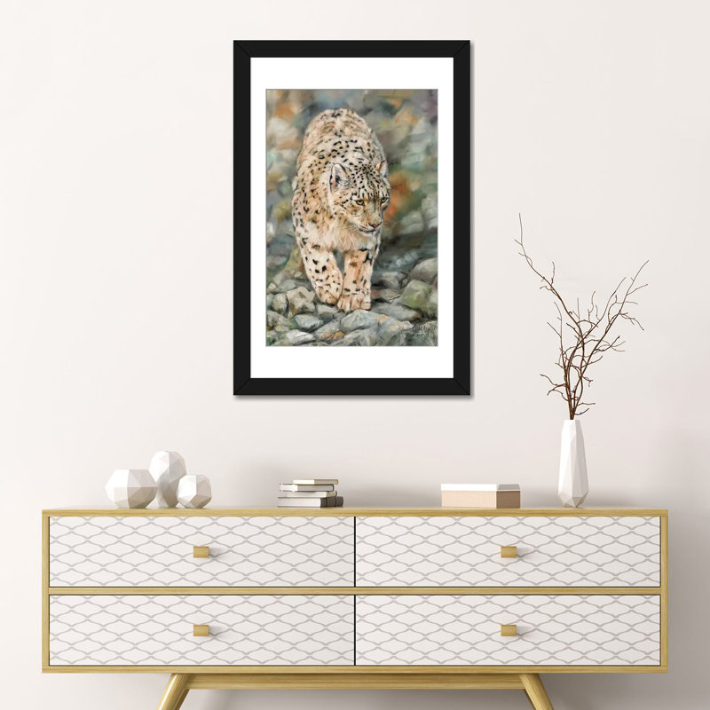 « snow leopard ii », impression sur toile, Papier d'art encadré noir, Blanc, H 24 po x l 16 po x P 1 po