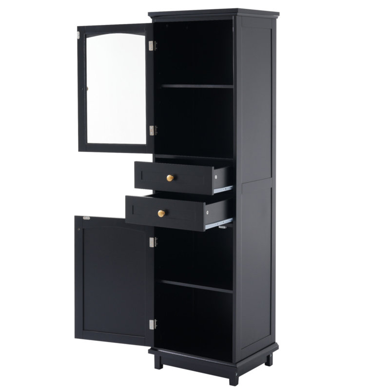 Grande armoire de rangement pour salle de bain avec portes en verre, autoportante, deux tiroirs et tablettes réglables, panneau de fibres à densité moyenne, peint en noir - parfaite pour exposer vos objets préférés