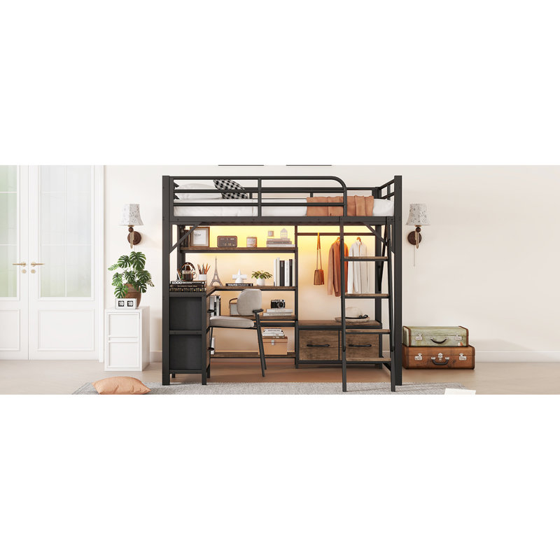 Grand lit mezzanine en métal avec bureau, DEL, tablettes de rangement et éclairage à pied confortable, support de tablette stable
