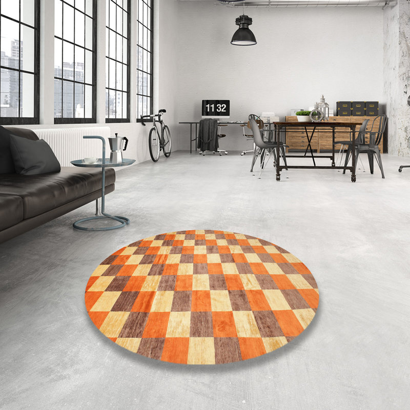 Jaune Tapis décoratif géométrique en laine/orange, Rond 8 pi