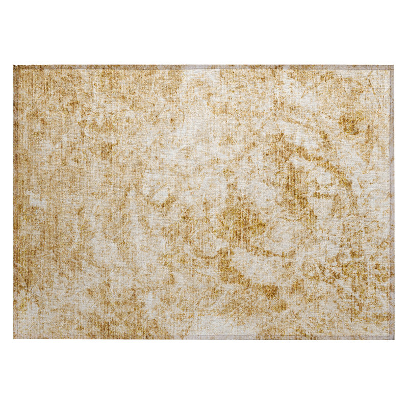 2' X 3' Cream and Gold Abstract Washable Non Skid Indoor Outdoor Area Rug
