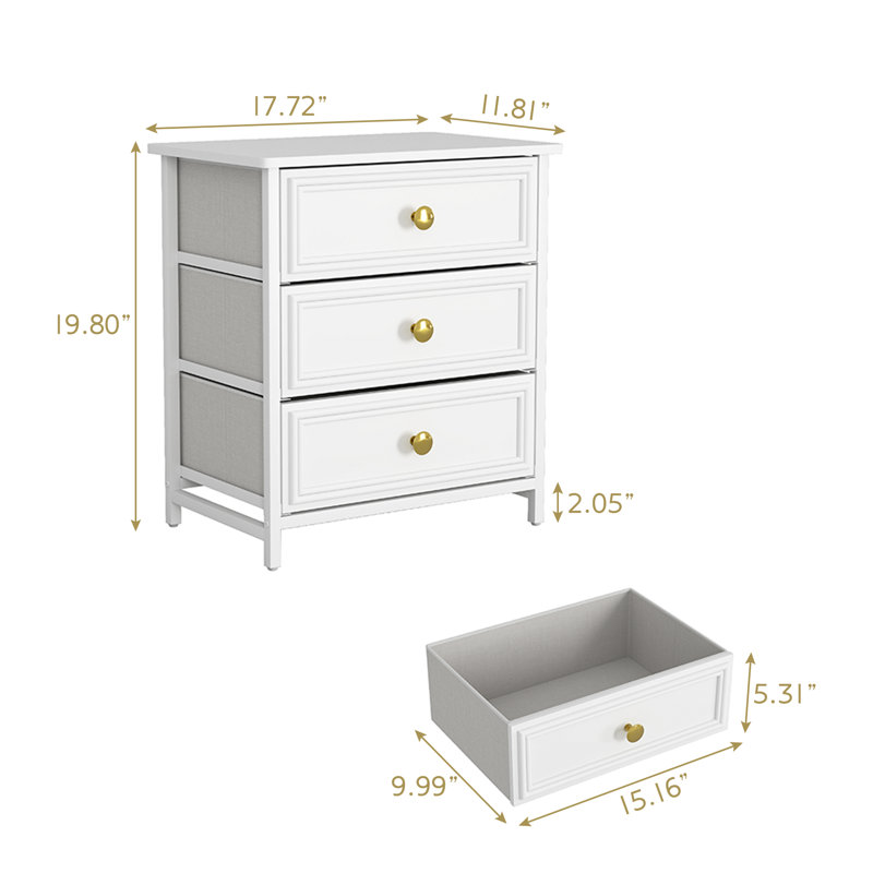 3 Fabric Drawers Nightstand With Metal Frame Set Of 2, White
