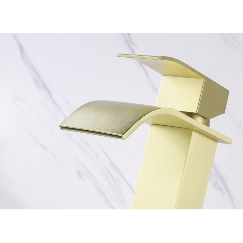 Robinet de lavabo de salle de bain à poignée simple avec magnifique cascade en or brossé - Acier inoxydable pour un magnifique bec éblouissant